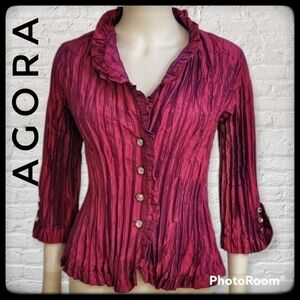 VTG AGORA Fuscia Metallic Crinkle Cropped Button Down Castlecore Shirt